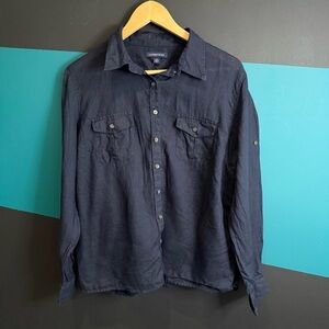 Lands' End Women's Navy 100%  Linen Button Down size Large